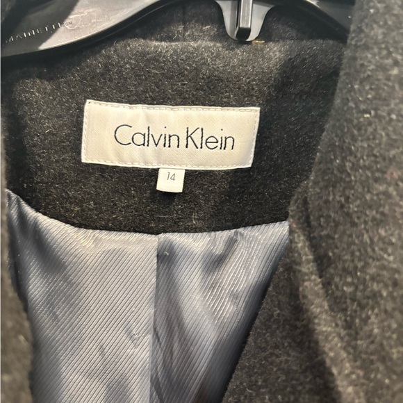 Calvin Klein Wool Blend Pea Trench Coat Size 14 Belted Pockets Lined Black - Picture 3 of 5